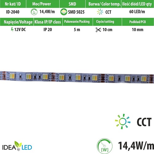 Taśma LED CCT  (3000K + 6000K) 12V 72W 300xSMD5025 IP20 5m