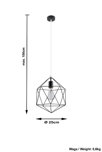 Lampa wisząca diament GASPARE 1xE27 Czarna