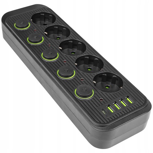Przedłużacz czarny 5x230V + 5xUSB + włączniki z przewodem 2m