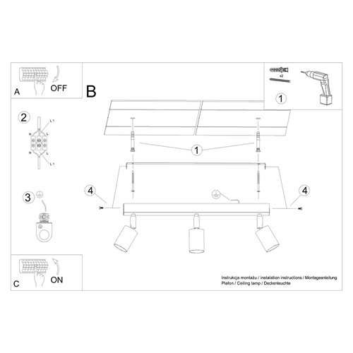 Listwa sufitowa drewniana VERDO - 3 reflektory GU10 czarne