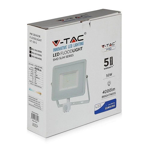 Projektor LED V-TAC 50W SAMSUNG Czujnik Cut-OFF Biały VT-50-S 6400K 4000lm 