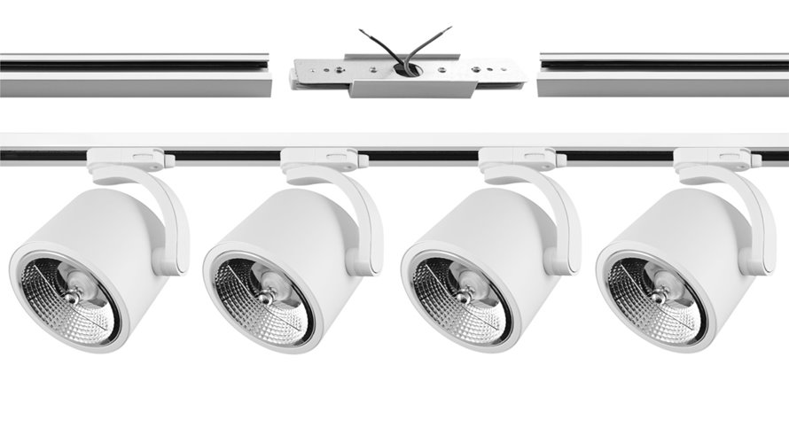 Biały matowy reflektor szynowy ARKO z widocznym odbłyśnikiem i gniazdem na żarówkę AR111, zamontowany na białym szynoprzewodzie.