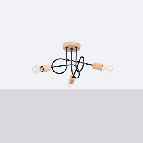 Żyrandol drewniany Ember 3xE27 czarny/naturalne drewno