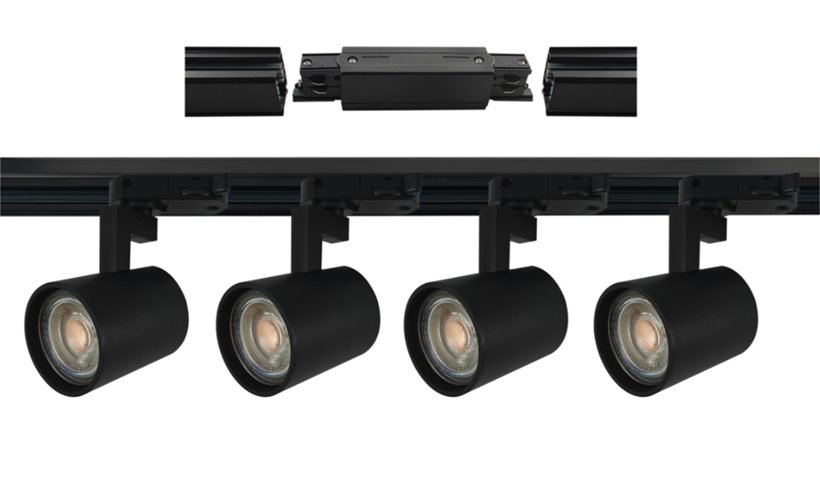 Czarny system szynowy 2m z 4 regulowanymi reflektorami GU10