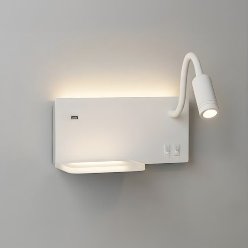 Lampa nocna z półką 14cm i reflektorem LED prawa biała