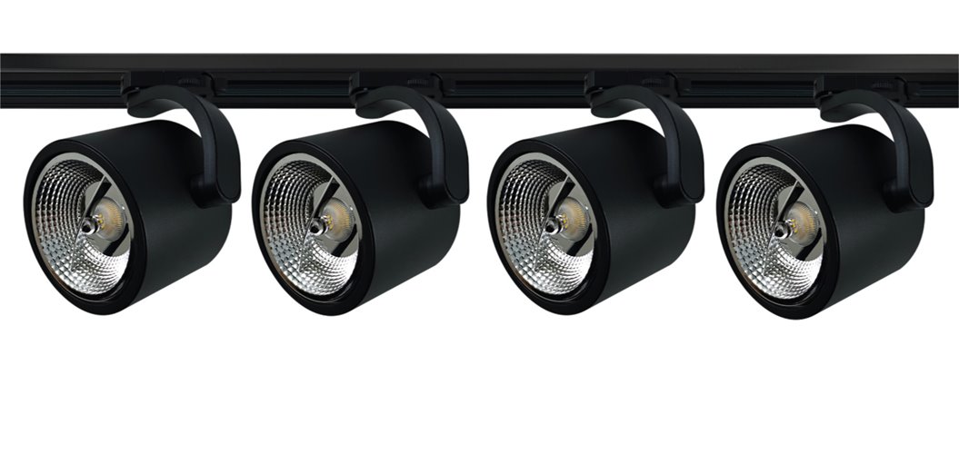 Czarny reflektor szynowy ARKO AR111 zamontowany na czarnym szynoprzewodzie trójfazowym