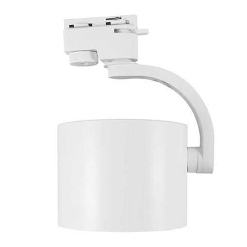 Biały matowy reflektor szynowy ARKO na żarówkę AR111 zamontowany na szynie jednofazowej, nowoczesny design.