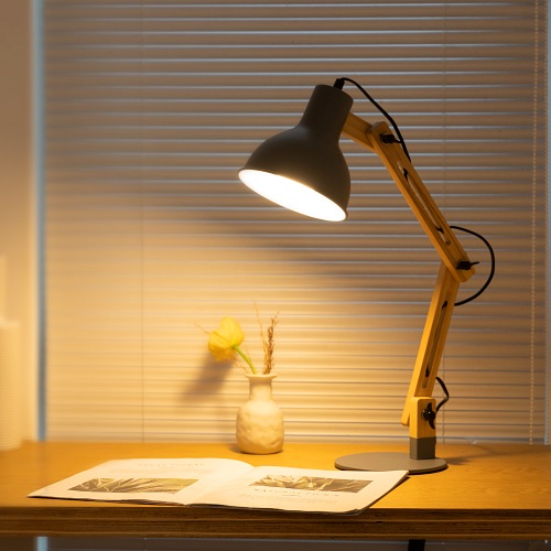 Szara lampa biurkowa E27 drewniana, składana