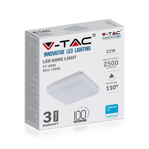 Plafon Kwadrat V-TAC 25W LED Samsung IP44 100lm/W VT-8066 3000K 2500lm