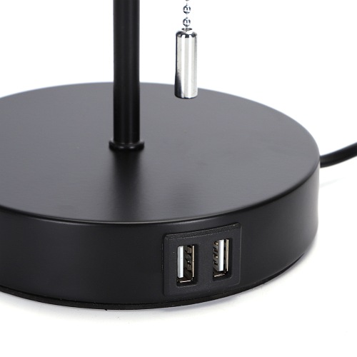 Lampa stołowa E27 czarna, szary klosz - dwa gniazda USB