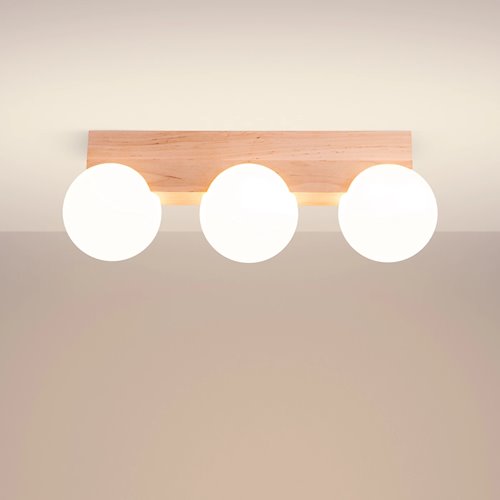 Lampa drewniana z mleczną kulą 3xG9 naturalne drewno