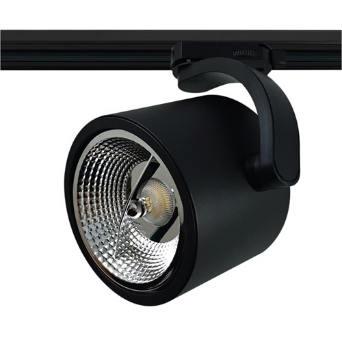 Czarny matowy reflektor szynowy ARKO z regulacją kąta świecenia, zamontowany na czarnym szynoprzewodzie, styl industrialny
