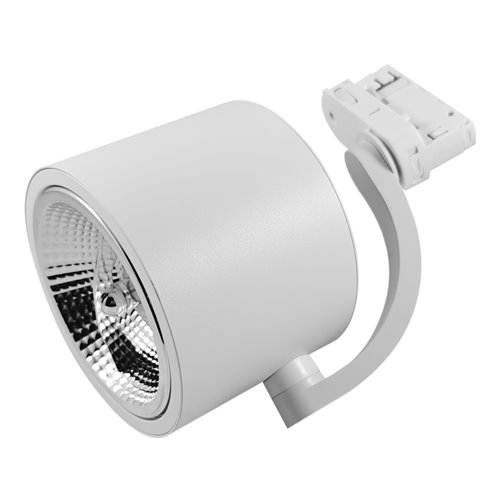 Biały matowy reflektor szynowy ARKO z aluminiową obudową i adapterem 3-fazowym, widoczny fasetonowy odbłyśnik na żarówkę AR111