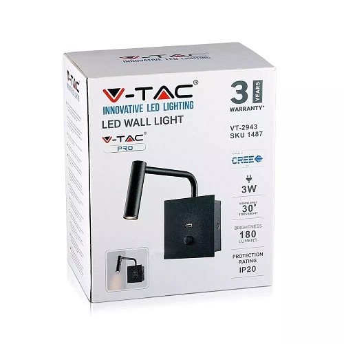 Kinkiet LED V-TAC 3W USB/włącznik Czarny VT-2943 3000K 180lm