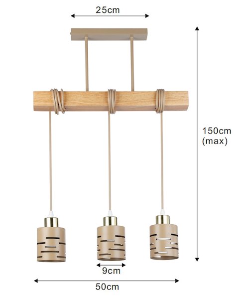 Lampa wisząca belka Timber 3xE27 beż-złoto