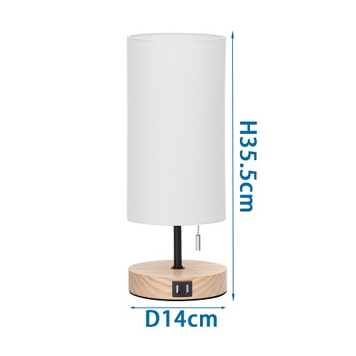 Lampa stołowa E27 drewno, biały klosz - dwa gniazda USB