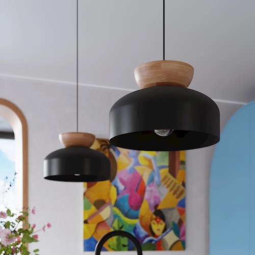 Lampa wisząca drewniana Marion 1xE27 czarna/naturalne drewno