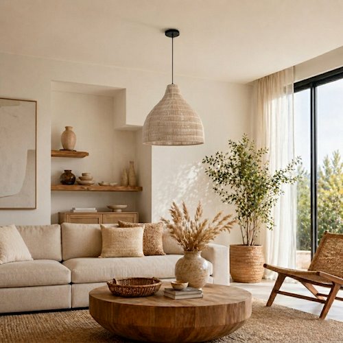 Lampa wisząca Boho 1xE27 z rattanowym kloszem 45cm