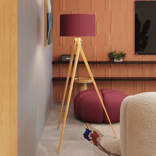 Lampa podłogowa drewniana Natt 1xE27 z burgundowym abażurem