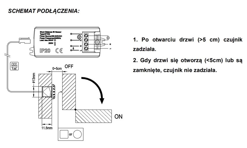 Włącznik drzwiowy 230V z czujnikiem PIR 200W