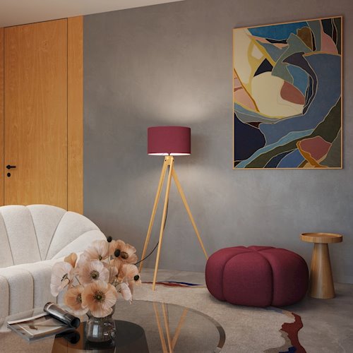 Lampa podłogowa drewniana Natt 1xE27 z burgundowym abażurem