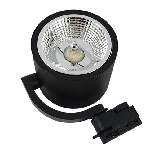 Czarny matowy reflektor szynowy ARKO z widocznym odbłyśnikiem i gniazdem na żarówkę AR111, zamontowany na czarnym szynoprzewodzie.