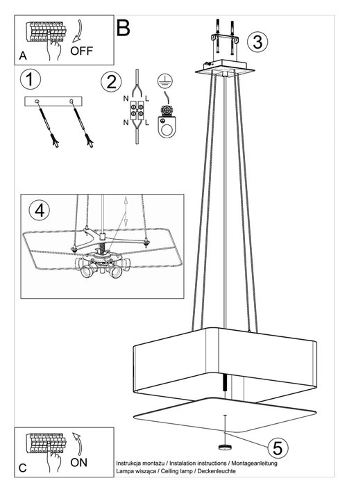 Lampa wisząca LOKKO kwadratowa 55x55 5xE27 czarna