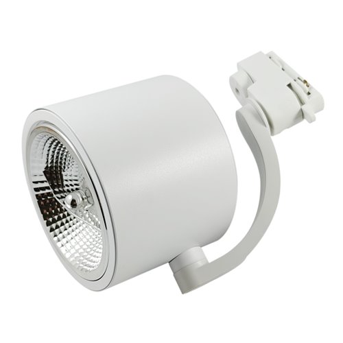 Biały matowy reflektor szynowy ARKO z widocznym odbłyśnikiem i gniazdem na żarówkę AR111, zamontowany na białym szynoprzewodzie.