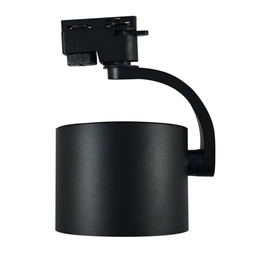 Czarny matowy reflektor szynowy ARKO z regulacją kąta świecenia, zamontowany na czarnym szynoprzewodzie, styl industrialny