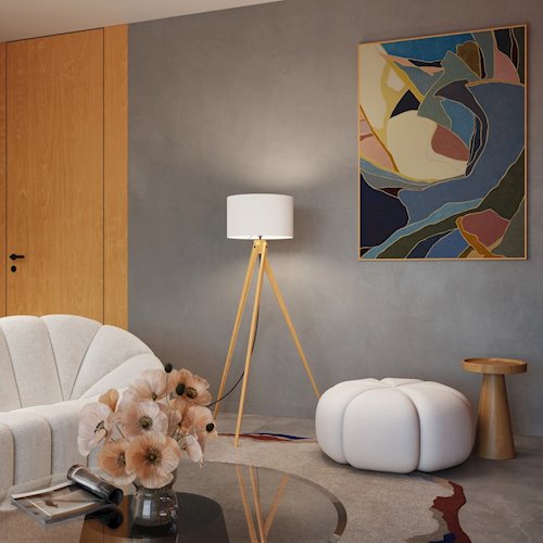 Lampa podłogowa drewniana Natt 1xE27 z białym abażurem