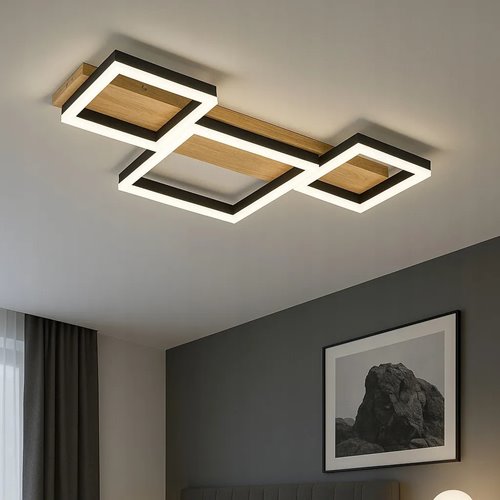 Lampa sufitowa LED kwadraty 70W z pilotem - drewniana podstawa