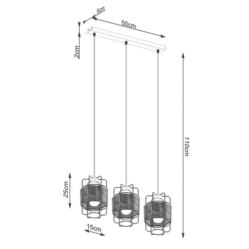 Lampa wisząca Loft GIZUR 3xE27 czarna ze sznurem