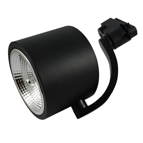 Czarny matowy reflektor szynowy ARKO na żarówkę AR111, zamontowany na czarnym szynoprzewodzie, widoczny fakturowany odbłyśnik.