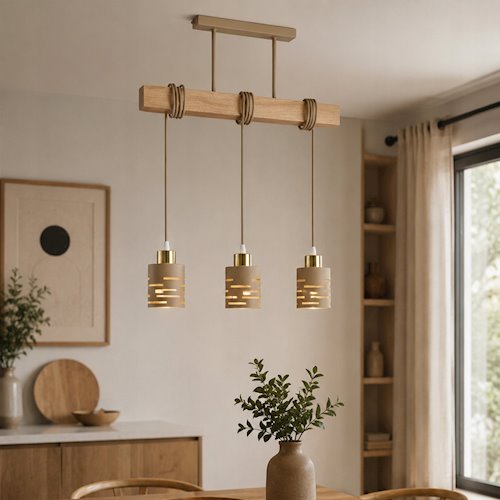 Lampa wisząca belka Timber 3xE27 beż-złoto