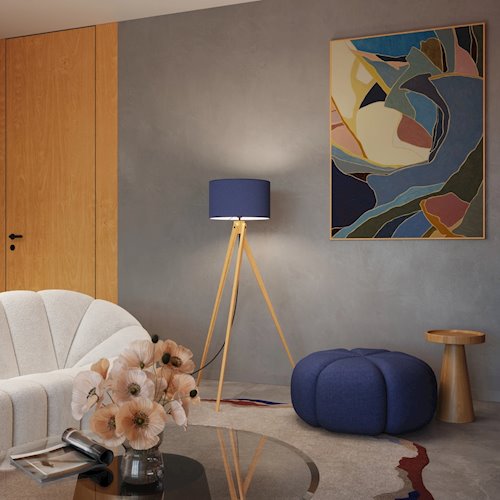 Lampa podłogowa drewniana Natt 1xE27 z granatowym abażurem