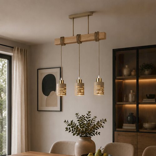 Lampa wisząca belka Timber 3xE27 beż-złoto