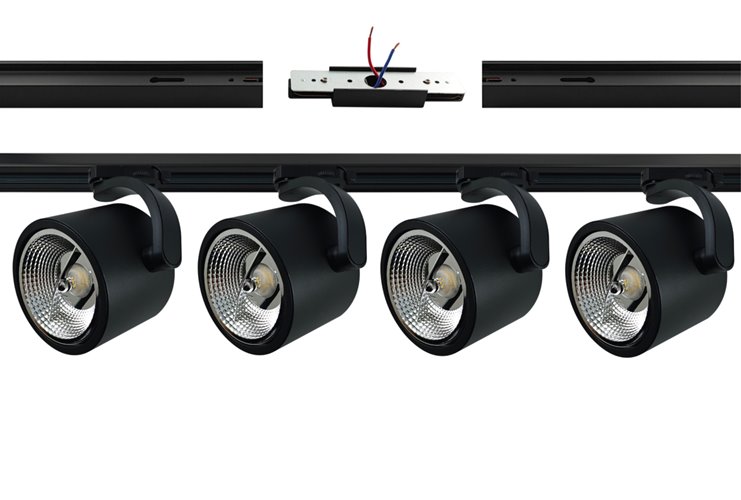 Czarny matowy reflektor szynowy ARKO z widocznym odbłyśnikiem i gniazdem na żarówkę AR111, zamontowany na czarnym szynoprzewodzie.