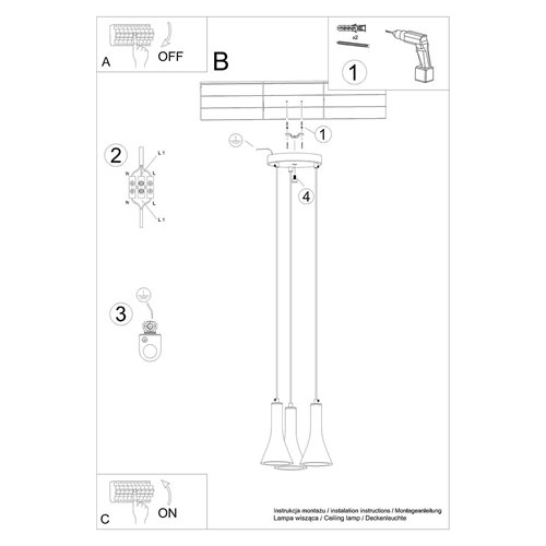 Lampa wisząca stożek REA 3xE14 beton - okrągła podsufitka