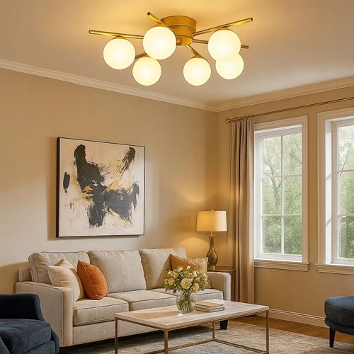 Złota lampa sufitowa mleczne kule 6xG9 58cm