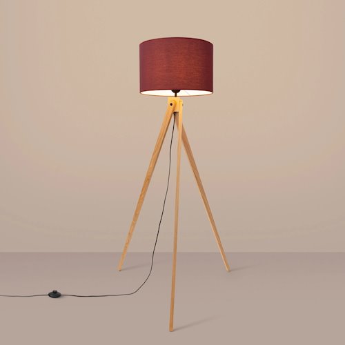 Lampa podłogowa drewniana Natt 1xE27 z burgundowym abażurem