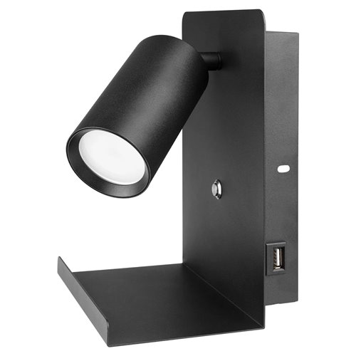 Reflektor ścienny GU10 z półką i gniazdem USB - czarny
