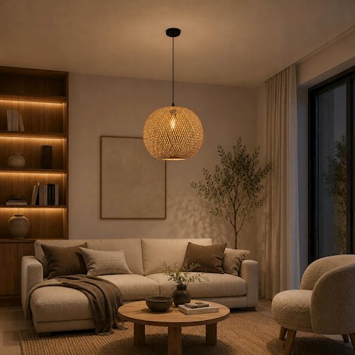 Lampa wisząca Boho 1xE27 okrągły bambusowy klosz 40cm