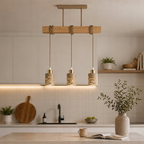 Lampa wisząca belka Timber 3xE27 beż-złoto
