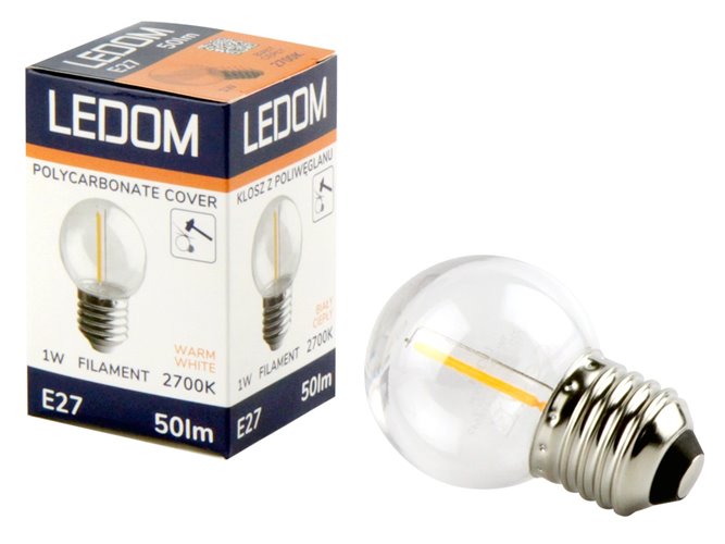 Żarówka LED E27 Ledom Filament G45 1W 50lm 2700K