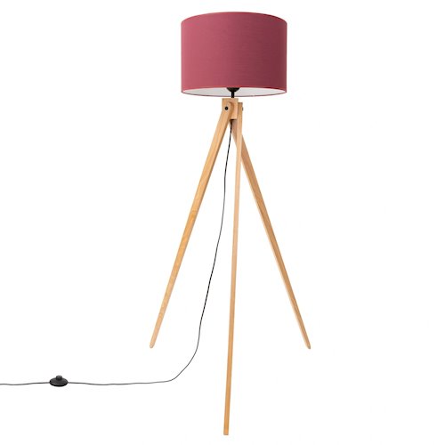 Lampa podłogowa drewniana Natt 1xE27 z burgundowym abażurem