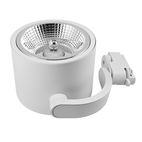 Biały matowy reflektor szynowy ARKO na żarówkę AR111 zamontowany na szynie jednofazowej, nowoczesny design.