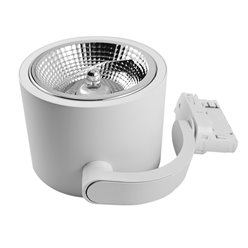 Biały matowy reflektor szynowy ARKO z aluminiową obudową i adapterem 3-fazowym, widoczny fasetonowy odbłyśnik na żarówkę AR111