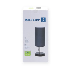 Lampa stołowa E27 czarna, szary klosz - dwa gniazda USB