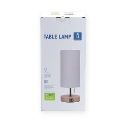 Lampa stołowa E27 drewno, biały klosz - dwa gniazda USB