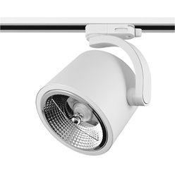 Biały matowy reflektor szynowy ARKO na żarówkę AR111 zamontowany na szynie jednofazowej, nowoczesny design.